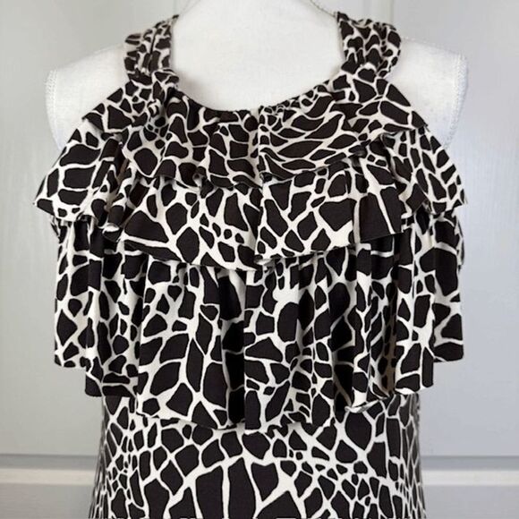 Enfocus Studio Giraffe Print Dress Brown Cream Ruffle Front Halter Style Size 12 - Picture 2 of 9